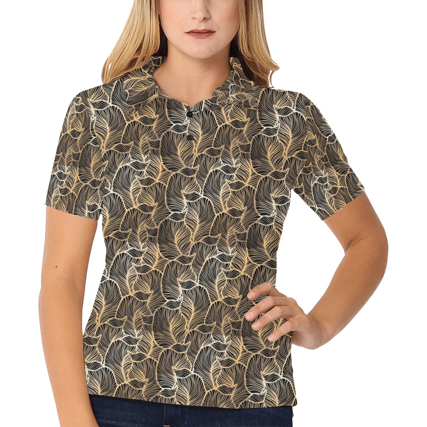 Elegant Gold leaf Print Women's Polo Shirt