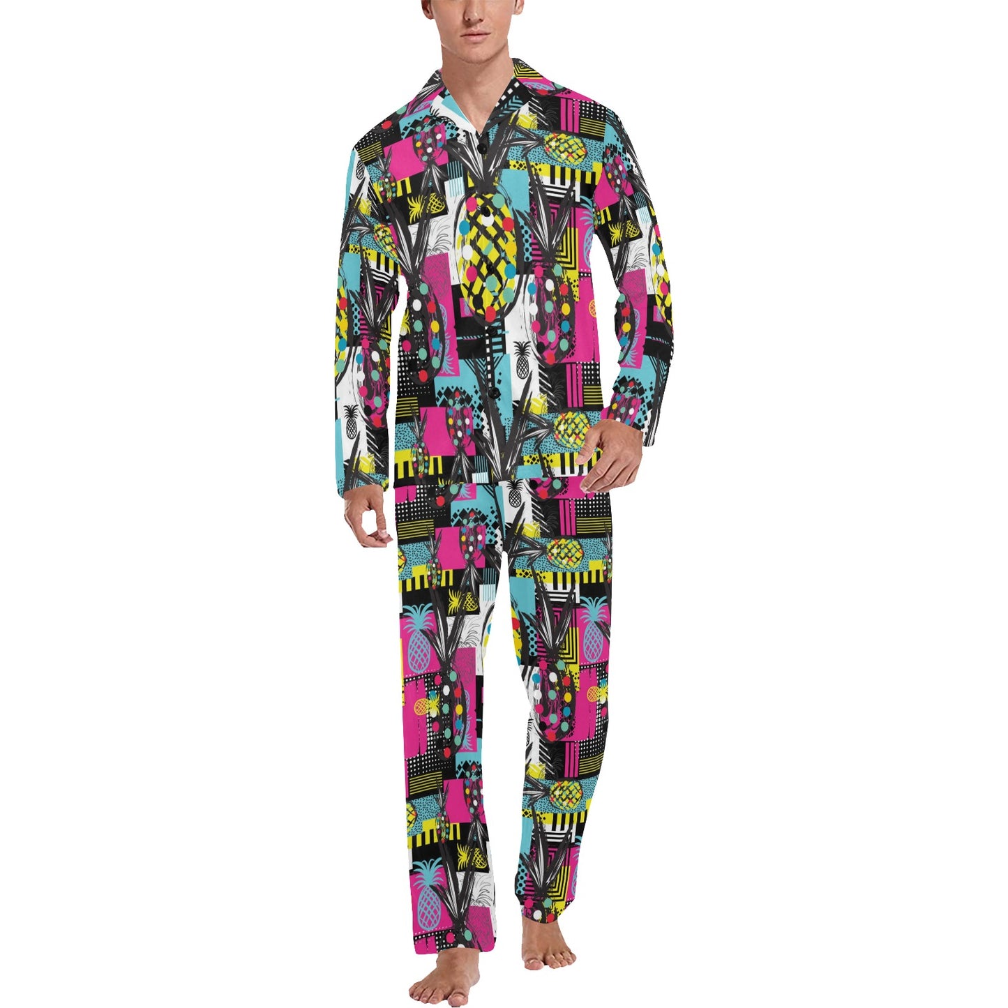 Pop Art Pineapple Pattern Print Design A02 Men's Long Pajama Set
