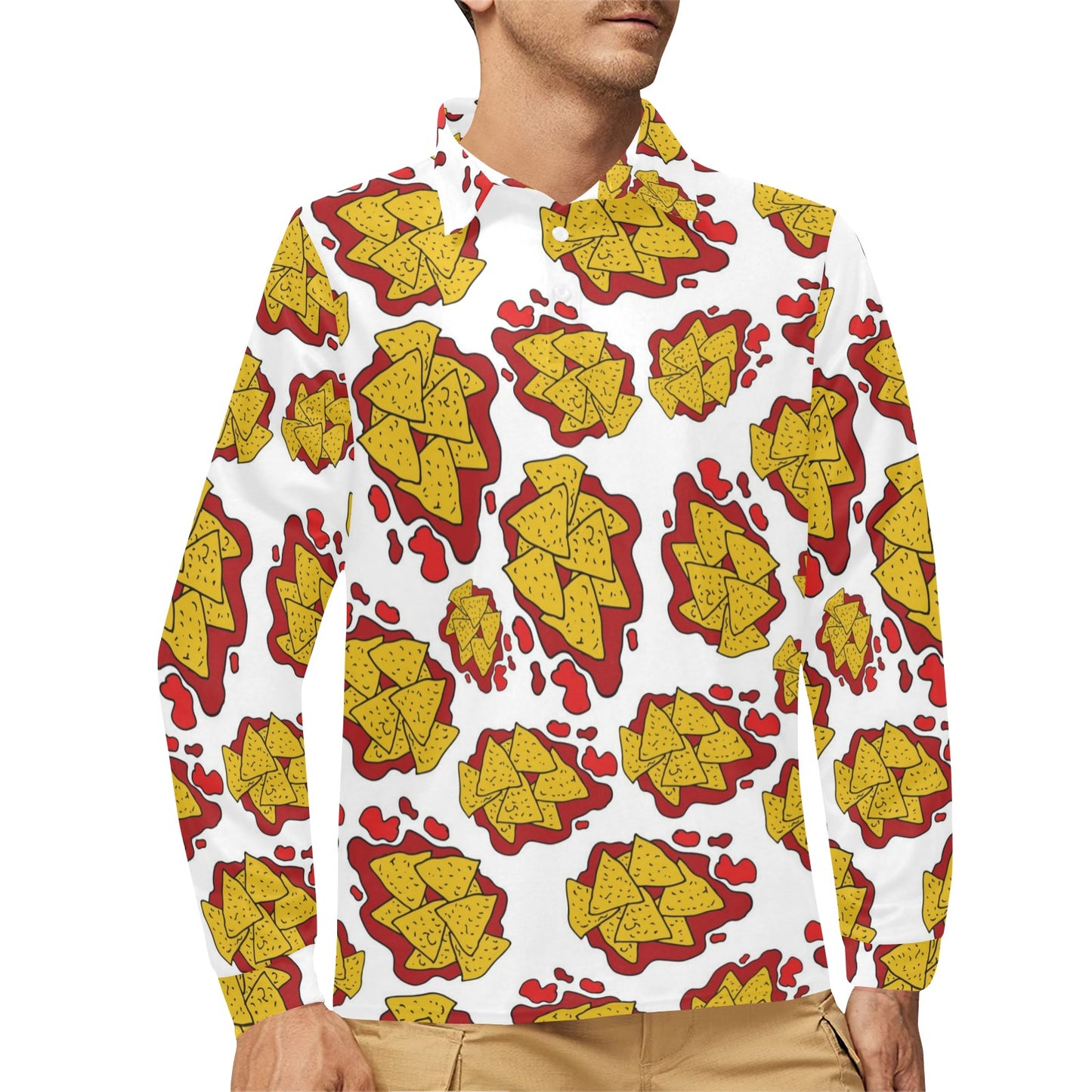 Nachos Pattern Print Design A03 Long Sleeve Polo Shirt For Men's