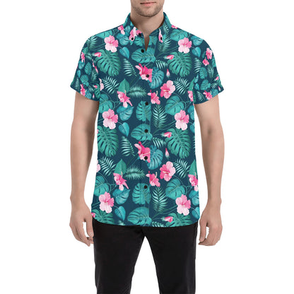 Summer Floral Print Design LKS301 Men Short Sleeve Button Up Shirt