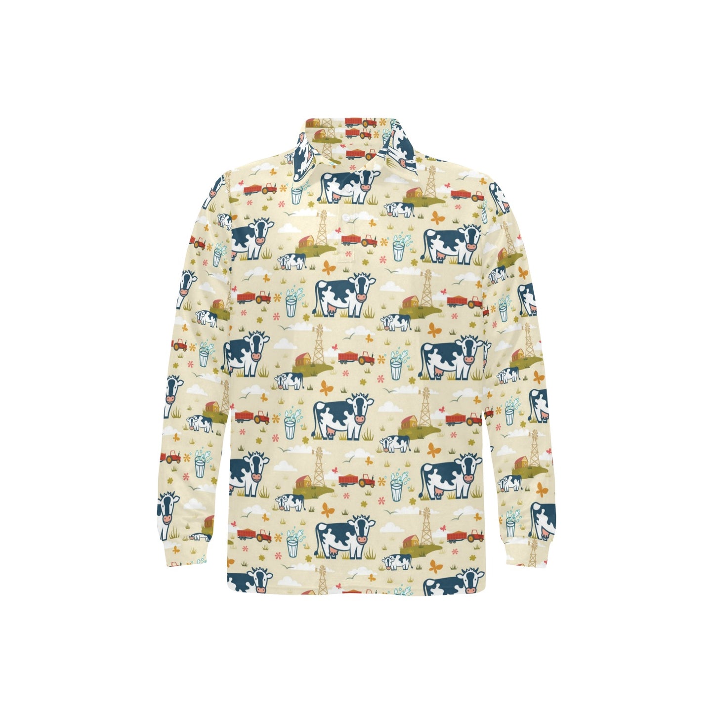Cow Farm Design Print Long Sleeve Polo Shirt For Men's
