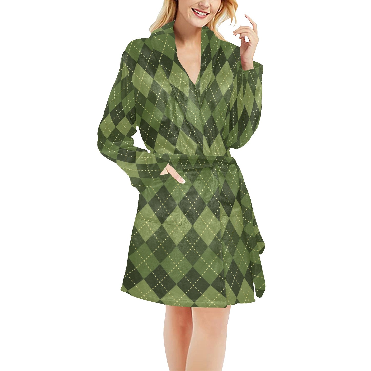 Argyle Green Pattern Print Design 01 Women's Fleece Robe