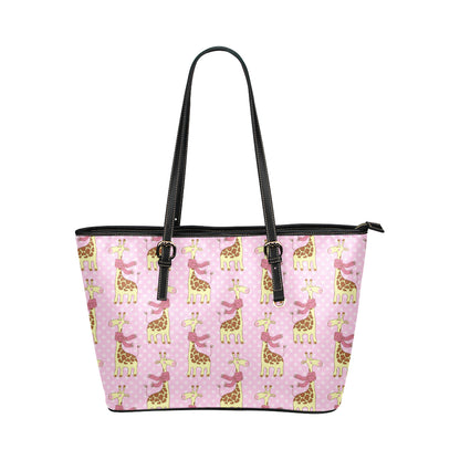 Giraffe Cute Pink Polka Dot Print Leather Tote Bag