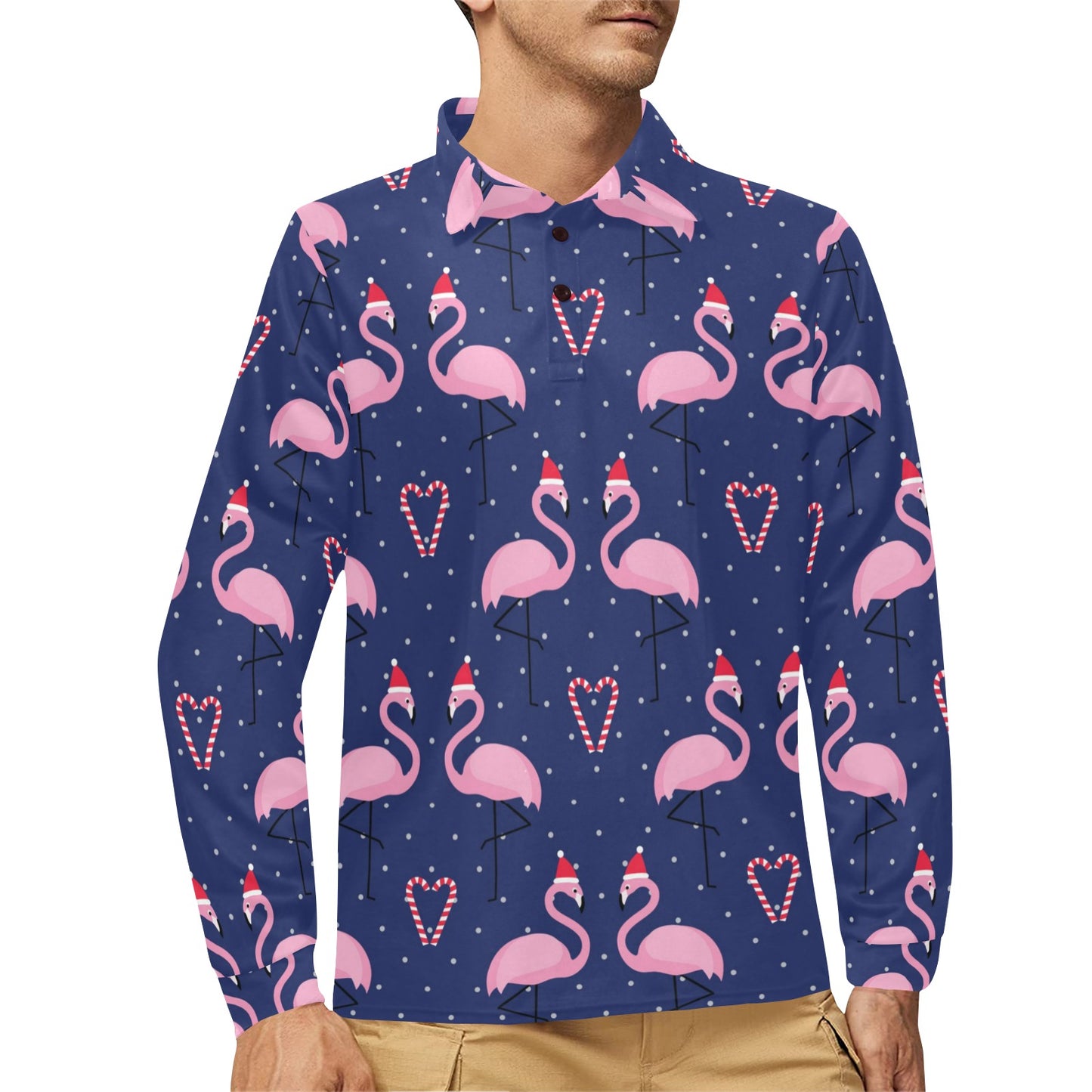 Flamingo Christmas Long Sleeve Polo Shirt For Men's