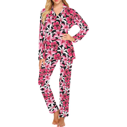 Flower Hawaiian Pink Red Hibiscus Print Women's Long Pajama Set