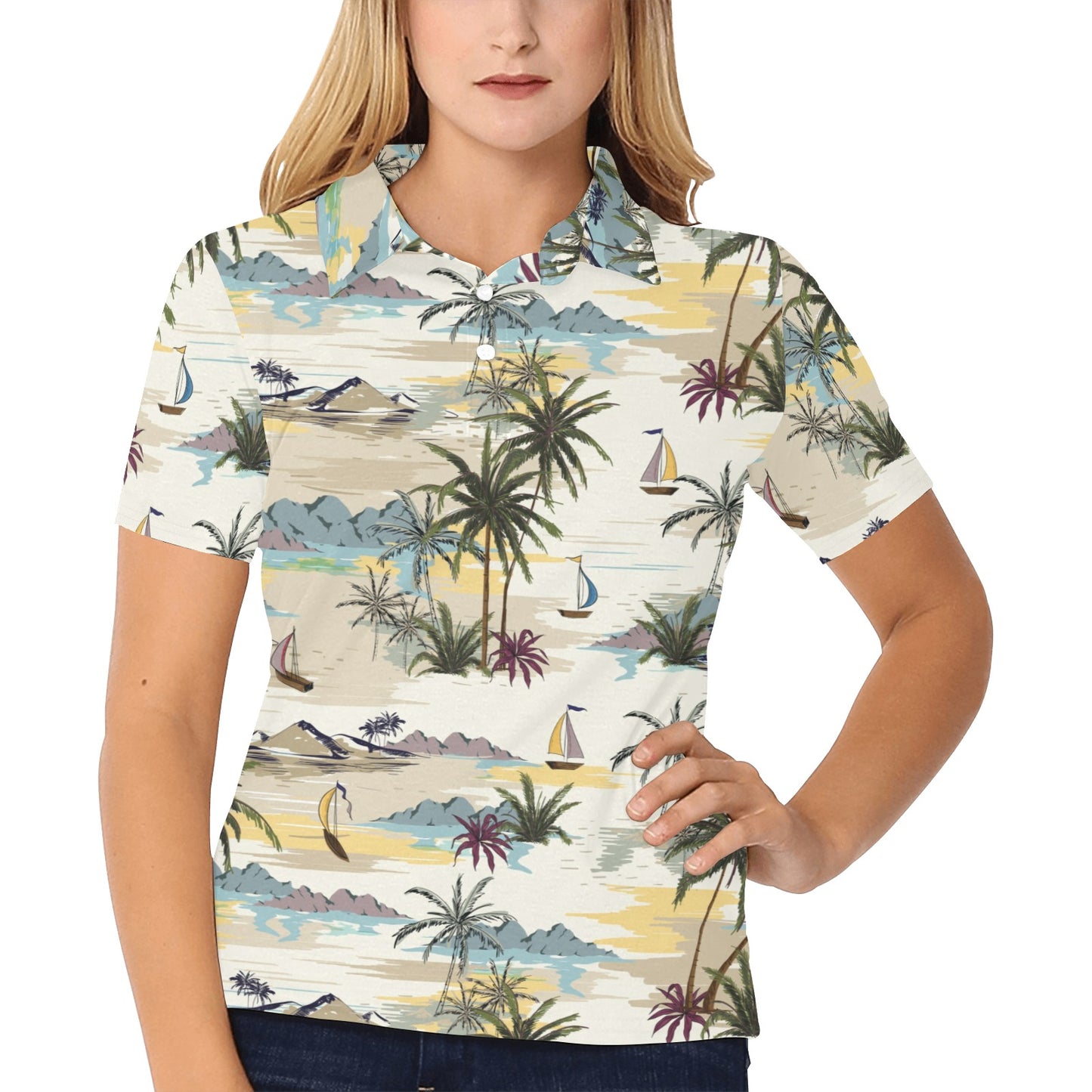 Palm Tree Beach Print Women's Polo Shirt