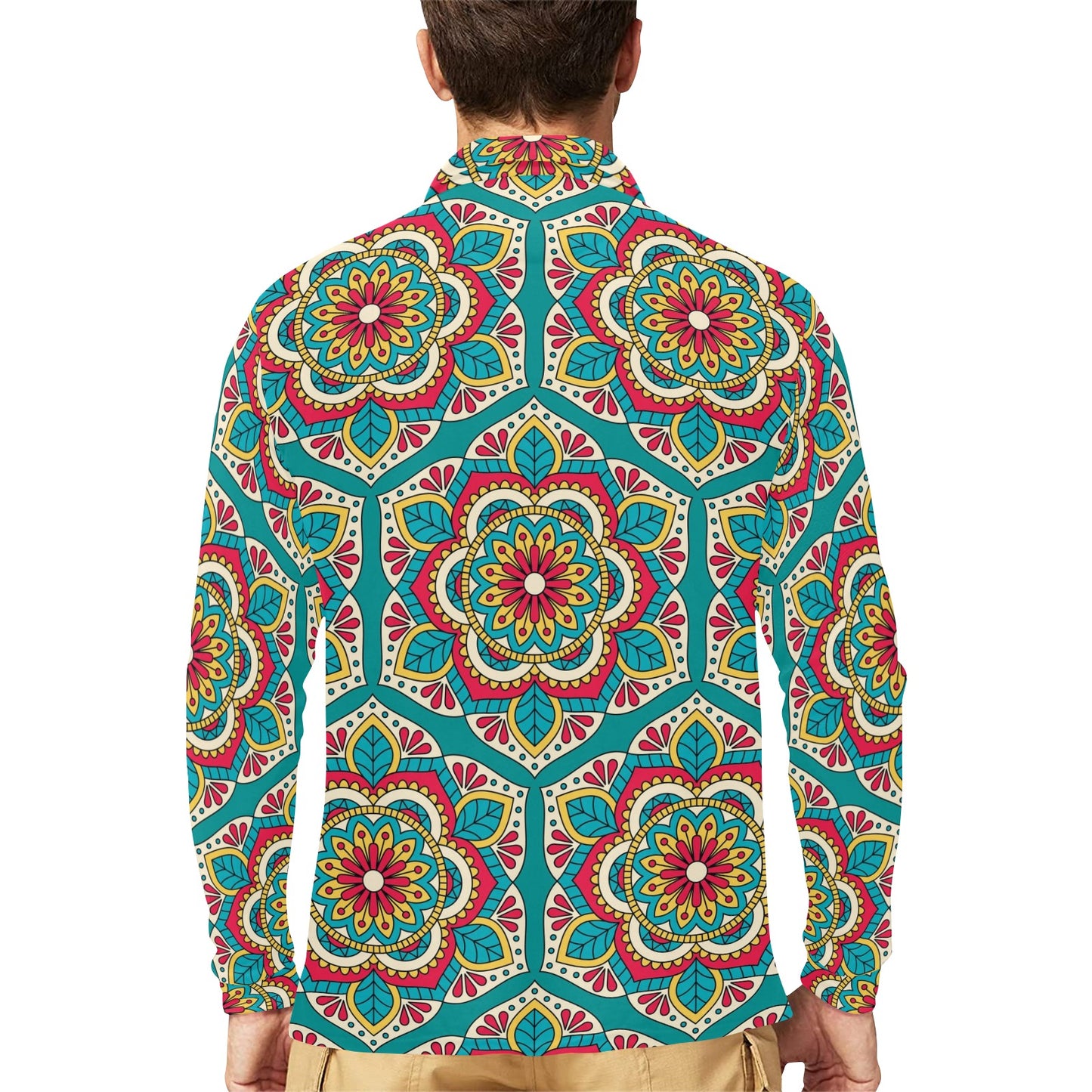 Mandala Pattern Print Design 03 Long Sleeve Polo Shirt For Men's