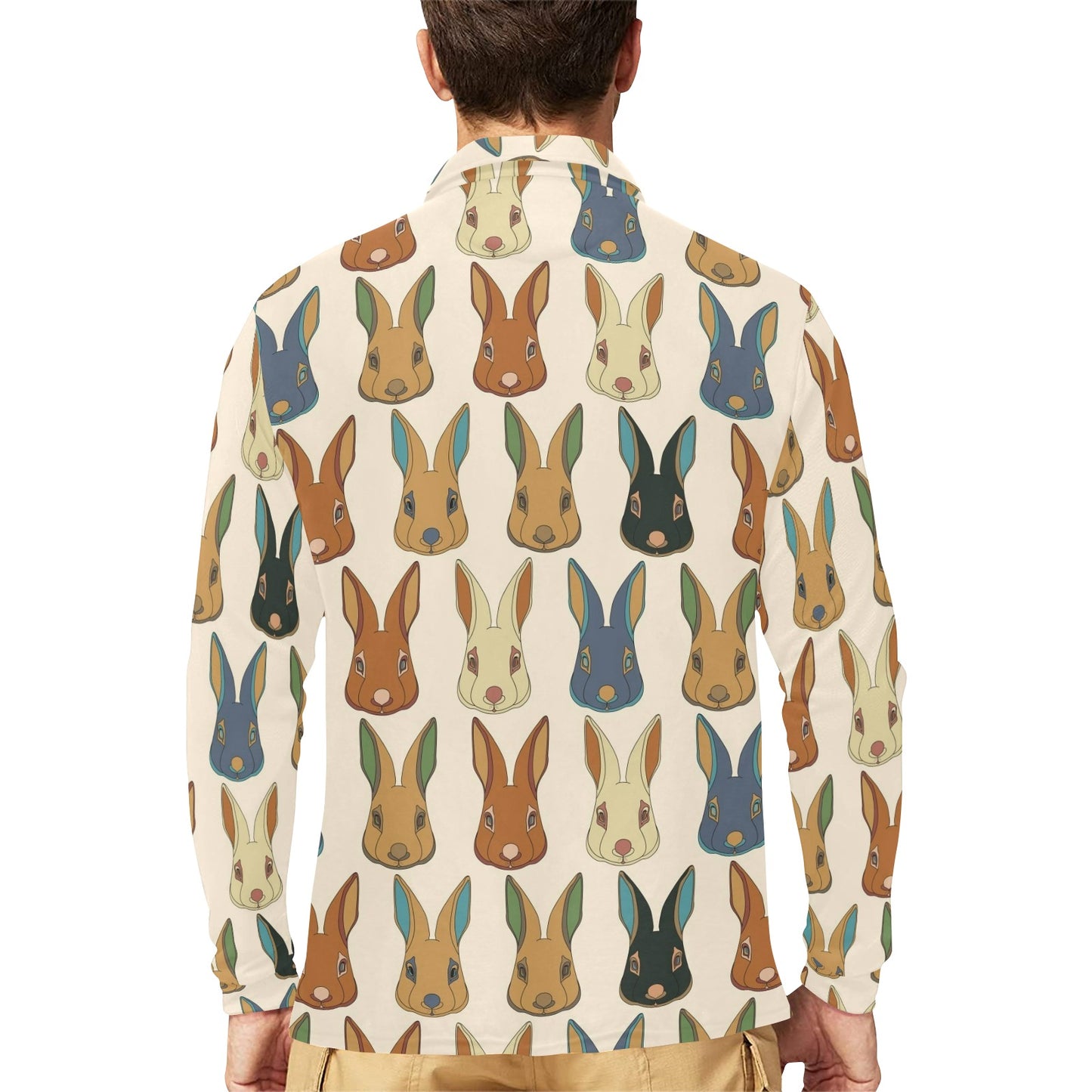 Rabbit Pattern Print Design RB04 Long Sleeve Polo Shirt For Men's