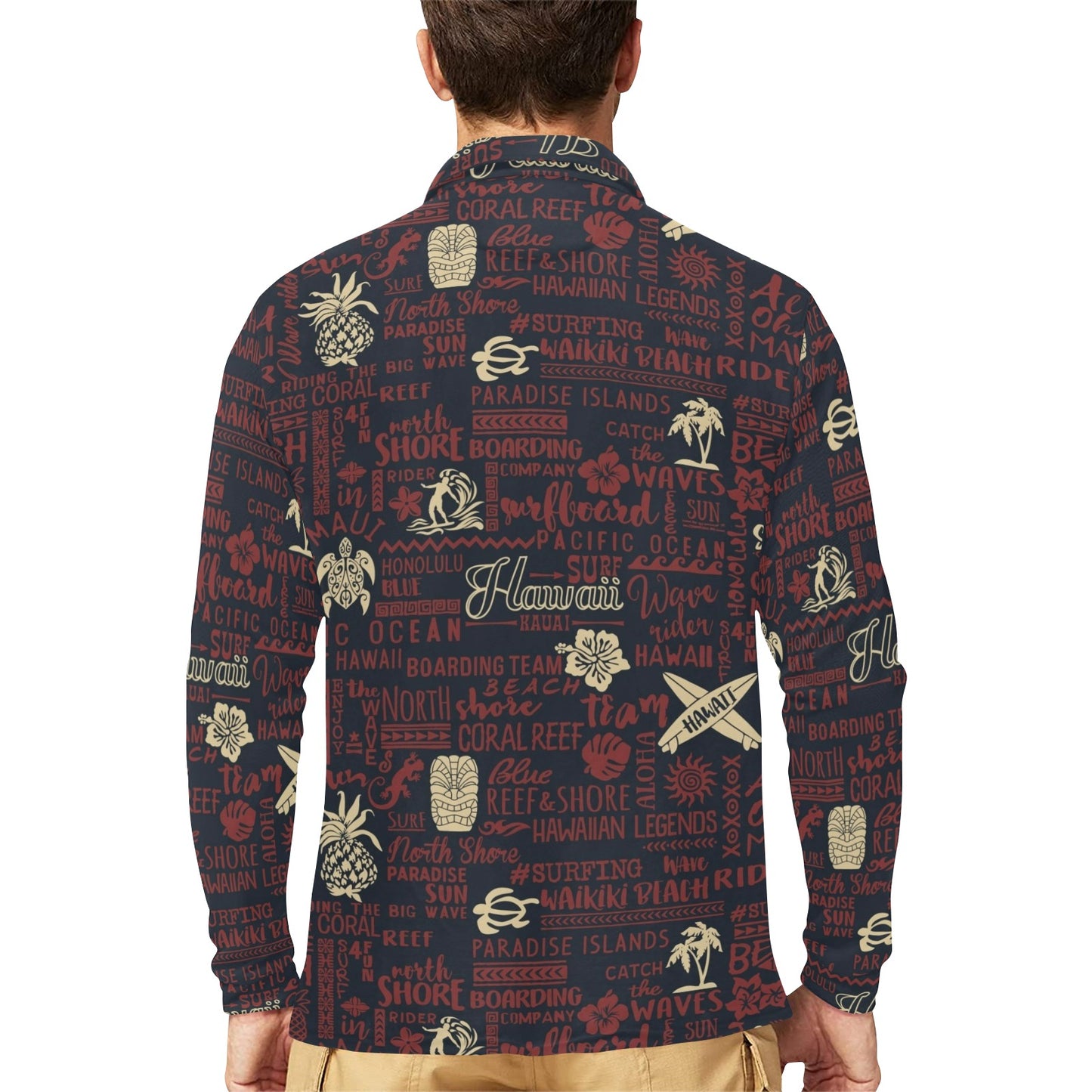 Hawaiian Themed Pattern Print Design H017 Long Sleeve Polo Shirt For Men's
