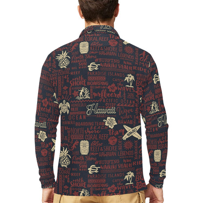 Hawaiian Themed Pattern Print Design H017 Long Sleeve Polo Shirt For Men's