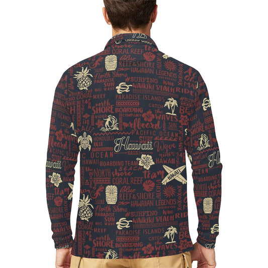 Hawaiian Themed Pattern Print Design H017 Long Sleeve Polo Shirt For Men's