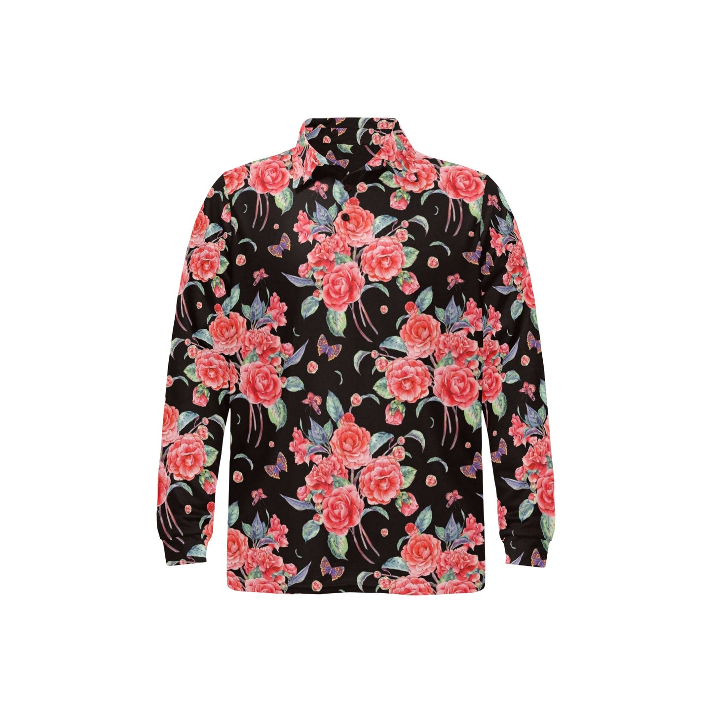 Camellia Pattern Print Design CM03 Long Sleeve Polo Shirt For Men's