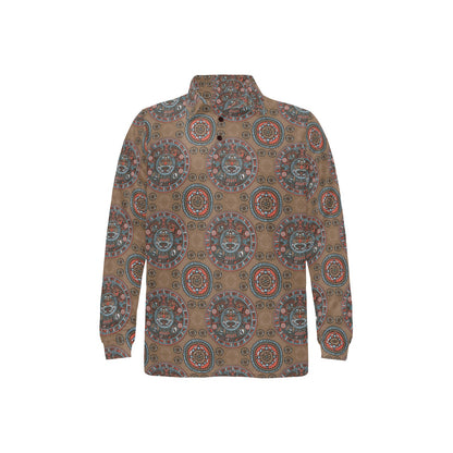 Calendar Aztec Design Print Pattern Long Sleeve Polo Shirt For Men's
