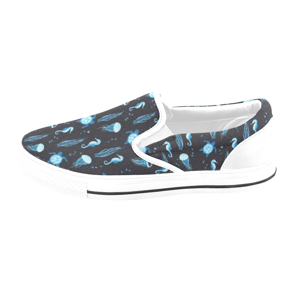 Sea Turtle Jelly Fish Sea Horse Print Design LKS3014 White Slip Ons Canvas Women's Shoes
