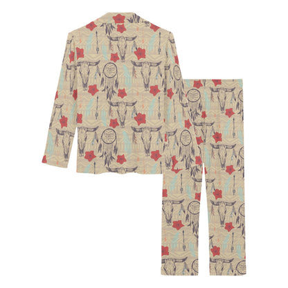 Native Buffalo Head Themed Design Print Women's Long Pajama Set