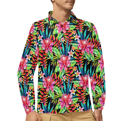 Heliconia Pattern Print Design HL02 Long Sleeve Polo Shirt For Men's