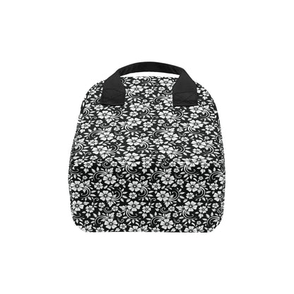 Floral Black White Themed Print Insulated Lunch Bag