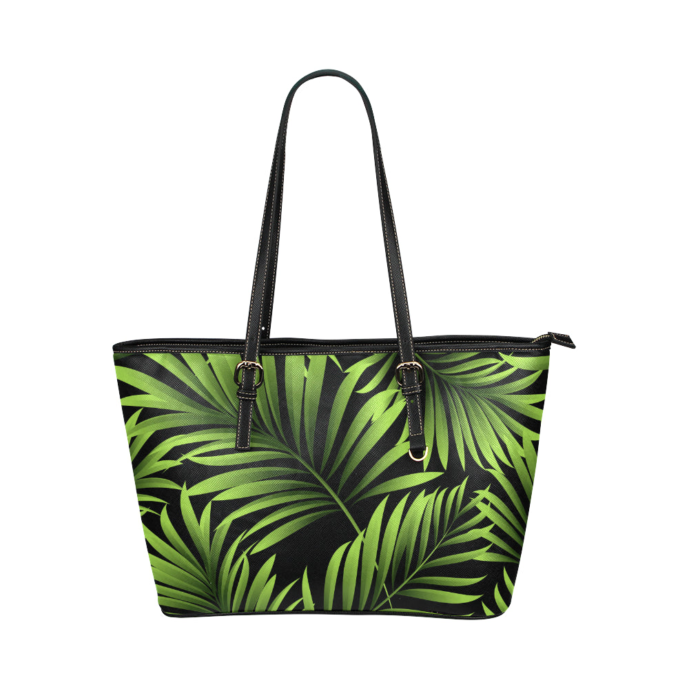 Green Neon Tropical Palm Leaves Leather Tote Bag