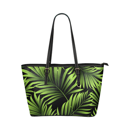 Green Neon Tropical Palm Leaves Leather Tote Bag