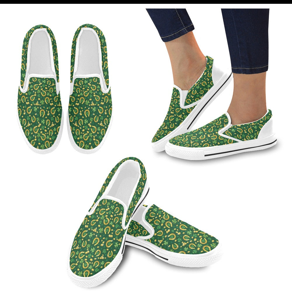 Shamrock Horse Shoes Saint Patrick's Day Print Design LKS307 White Slip Ons Canvas Women's Shoes