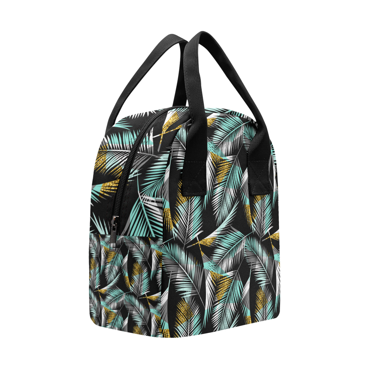 Gold Glitter Cyan Tropical Palm Leaves Insulated Lunch Bag