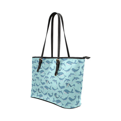 Narwhal Themed Print Leather Tote Bag