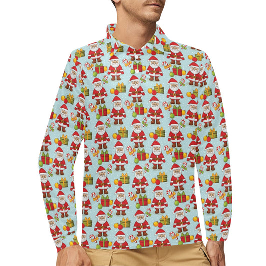Santa Christmas Themed Print Design LKS303 Long Sleeve Polo Shirt For Men's
