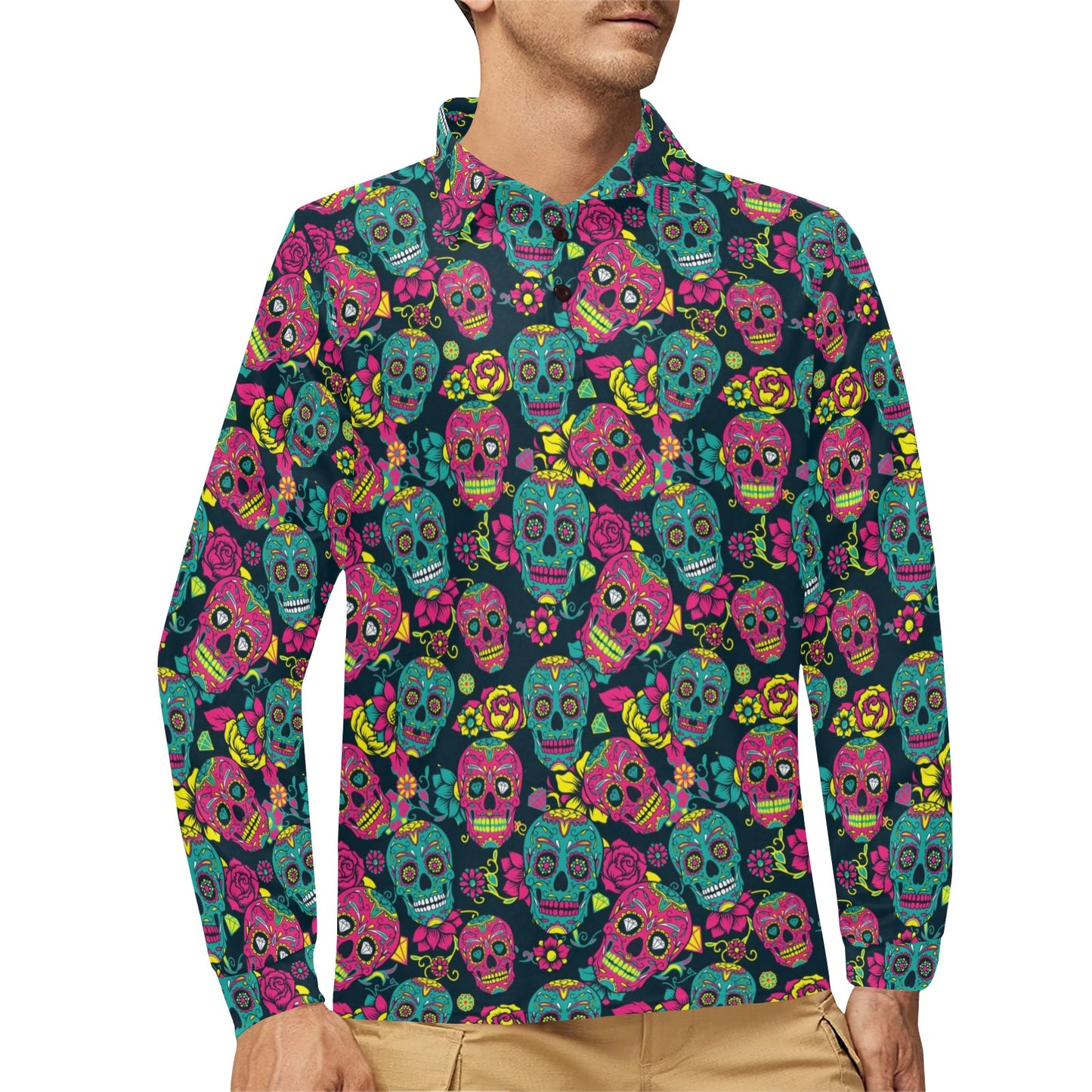 Sugar Skull Floral Design Themed Print Long Sleeve Polo Shirt For Men's