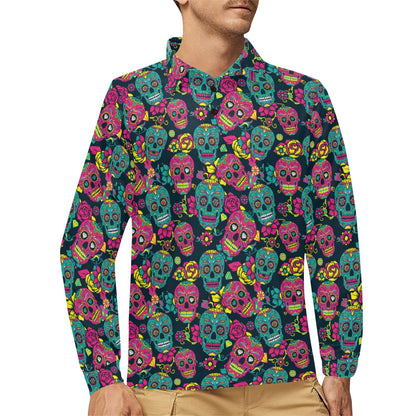 Sugar Skull Floral Design Themed Print Long Sleeve Polo Shirt For Men's
