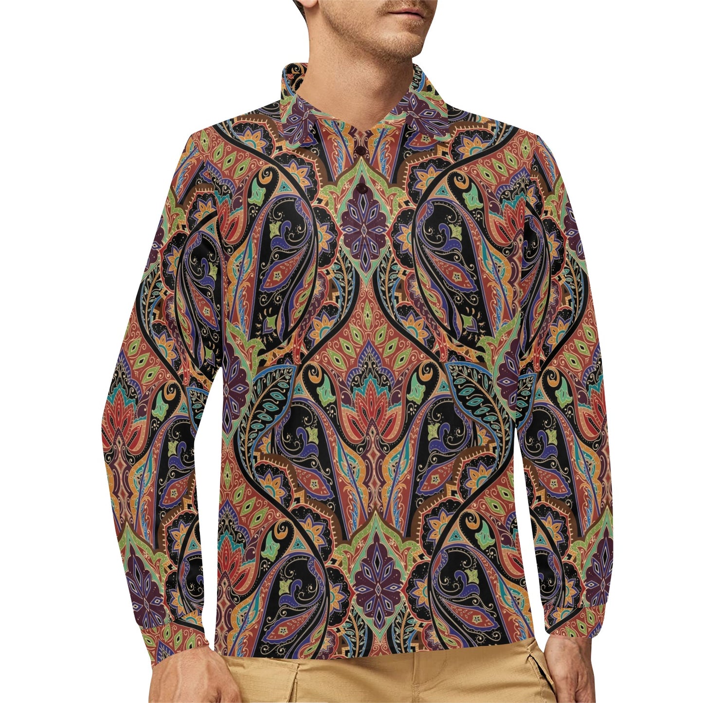 Bohemian Pattern Print Design 06 Long Sleeve Polo Shirt For Men's
