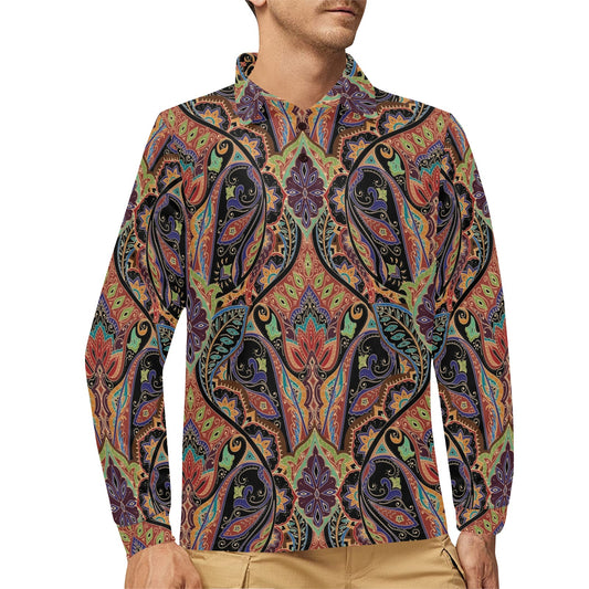 Bohemian Pattern Print Design 06 Long Sleeve Polo Shirt For Men's