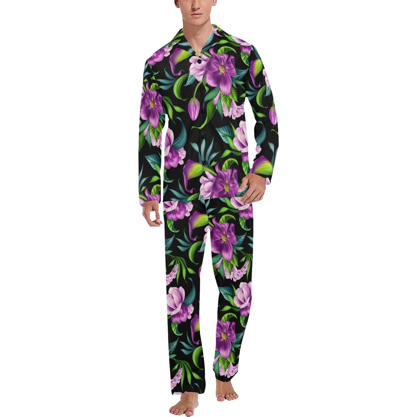 Bright Purple Floral Pattern Men's Long Pajama Set