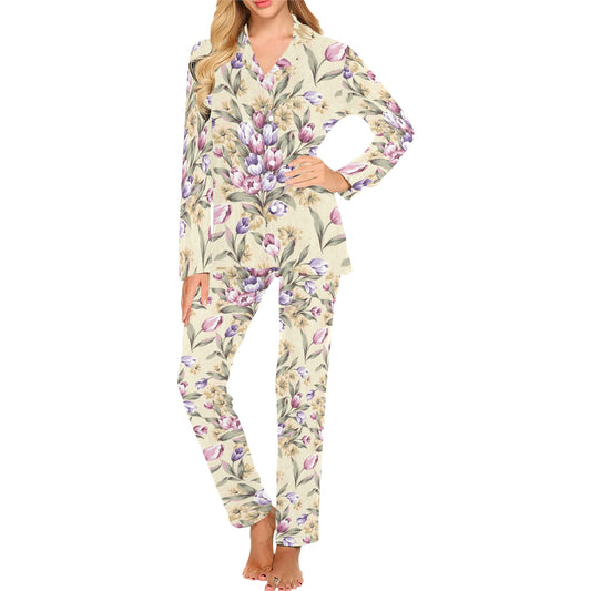 Tulip Pattern Print Design TP04 Women's Long Pajama Set