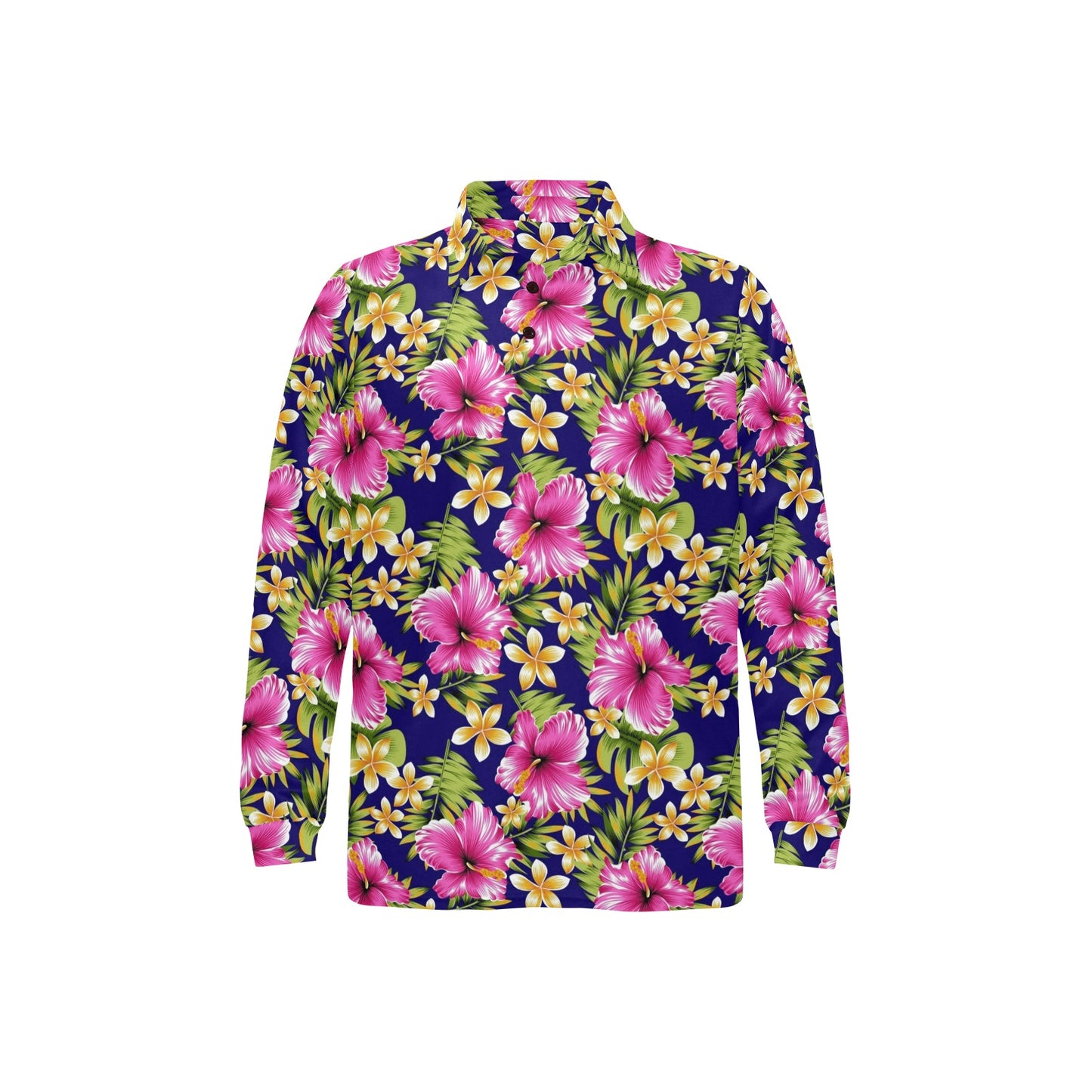 Pink Hibiscus Pattern Print Design HB027 Long Sleeve Polo Shirt For Men's