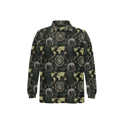 World Map Print Design LKS303 Long Sleeve Polo Shirt For Men's