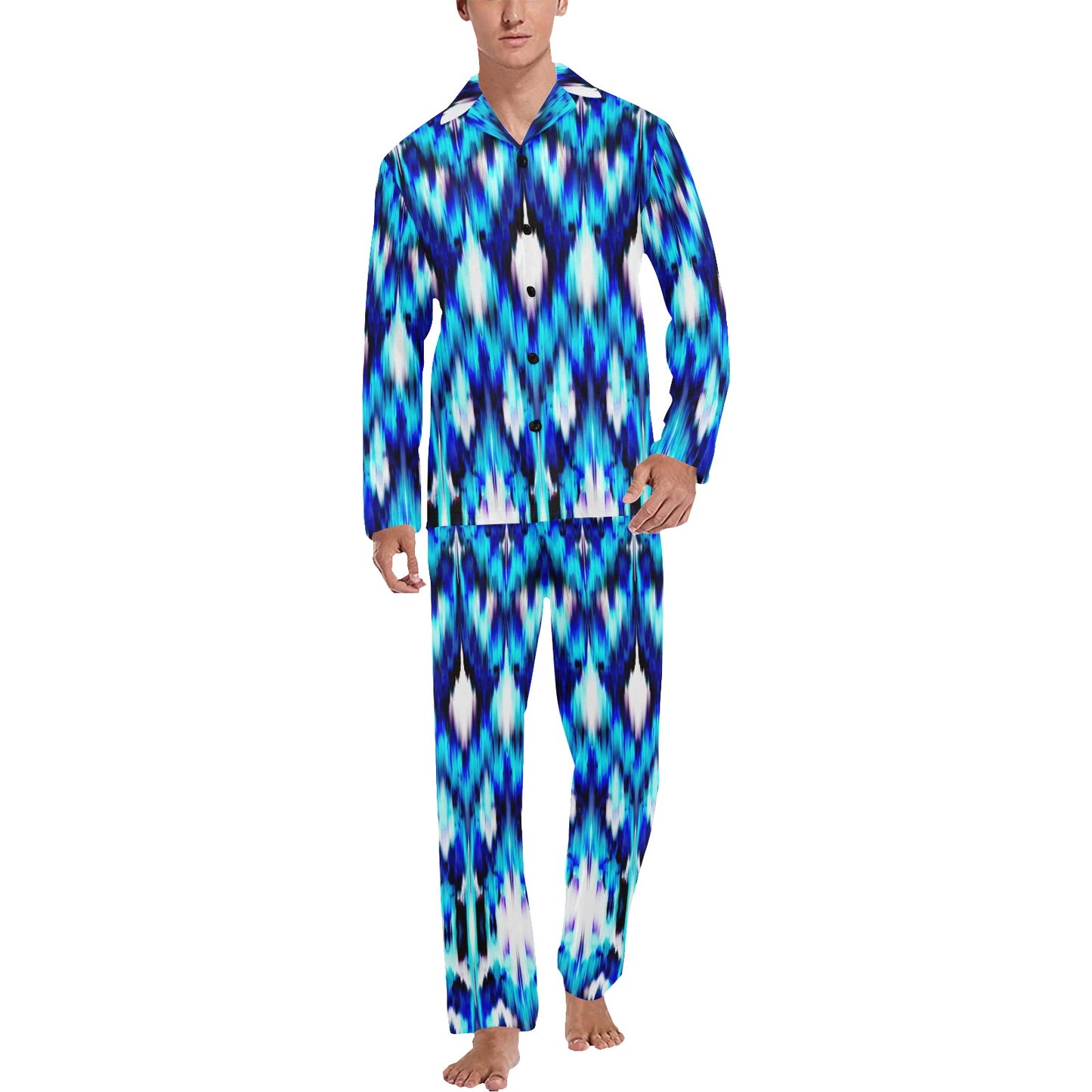 Ikat Blue Pattern Print Design 01 Men's Long Pajama Set