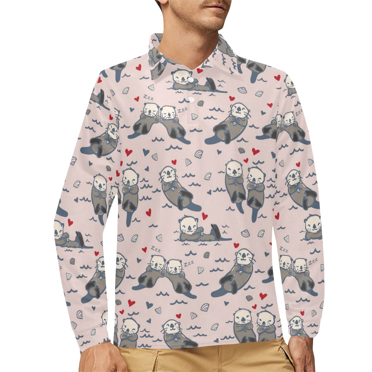 Sea Otter Pattern Print Design 02 Long Sleeve Polo Shirt For Men's