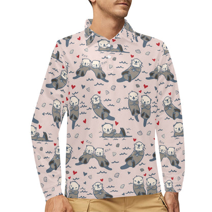 Sea Otter Pattern Print Design 02 Long Sleeve Polo Shirt For Men's