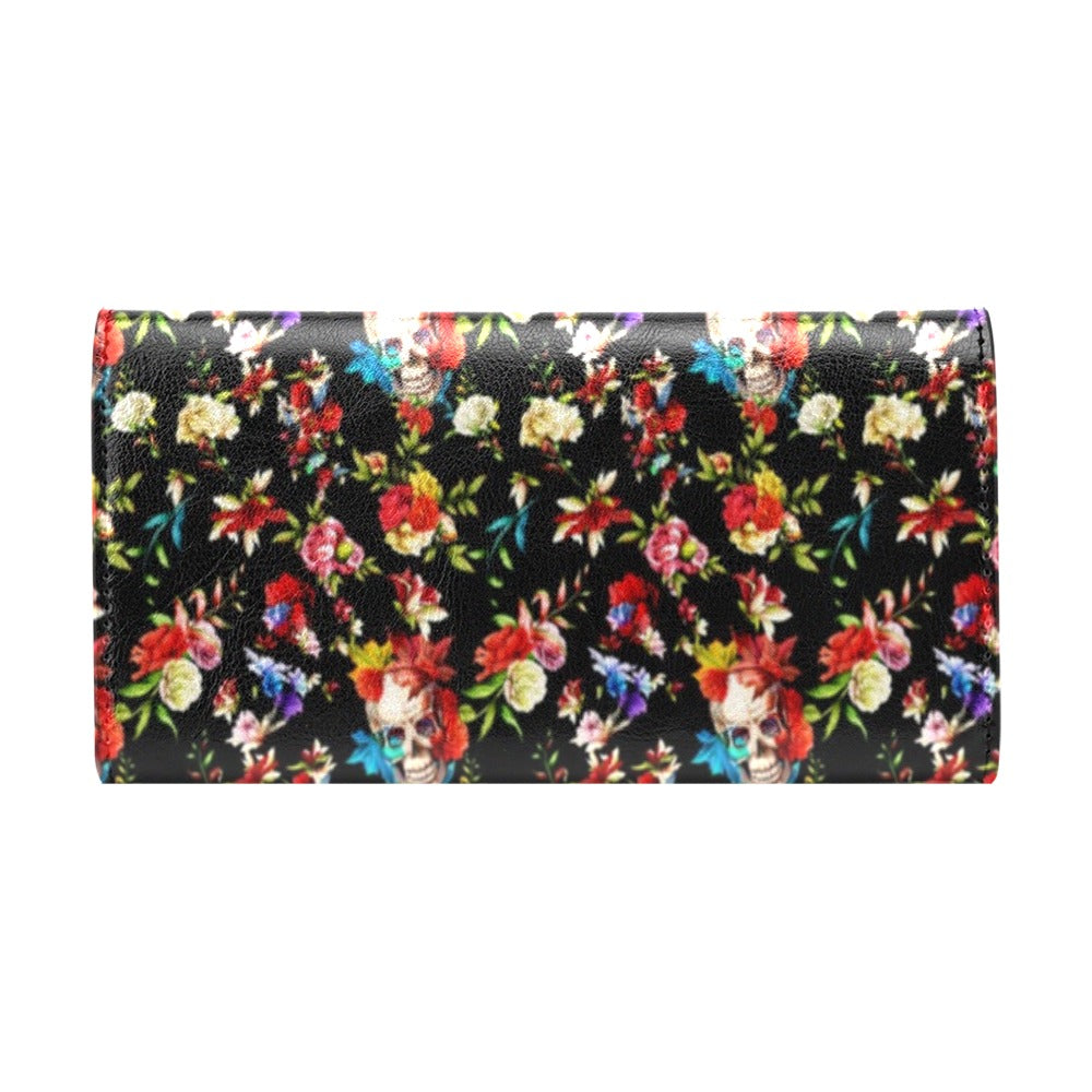 Skull Roses Flower Design Themed Print Women's Trifold Wallet