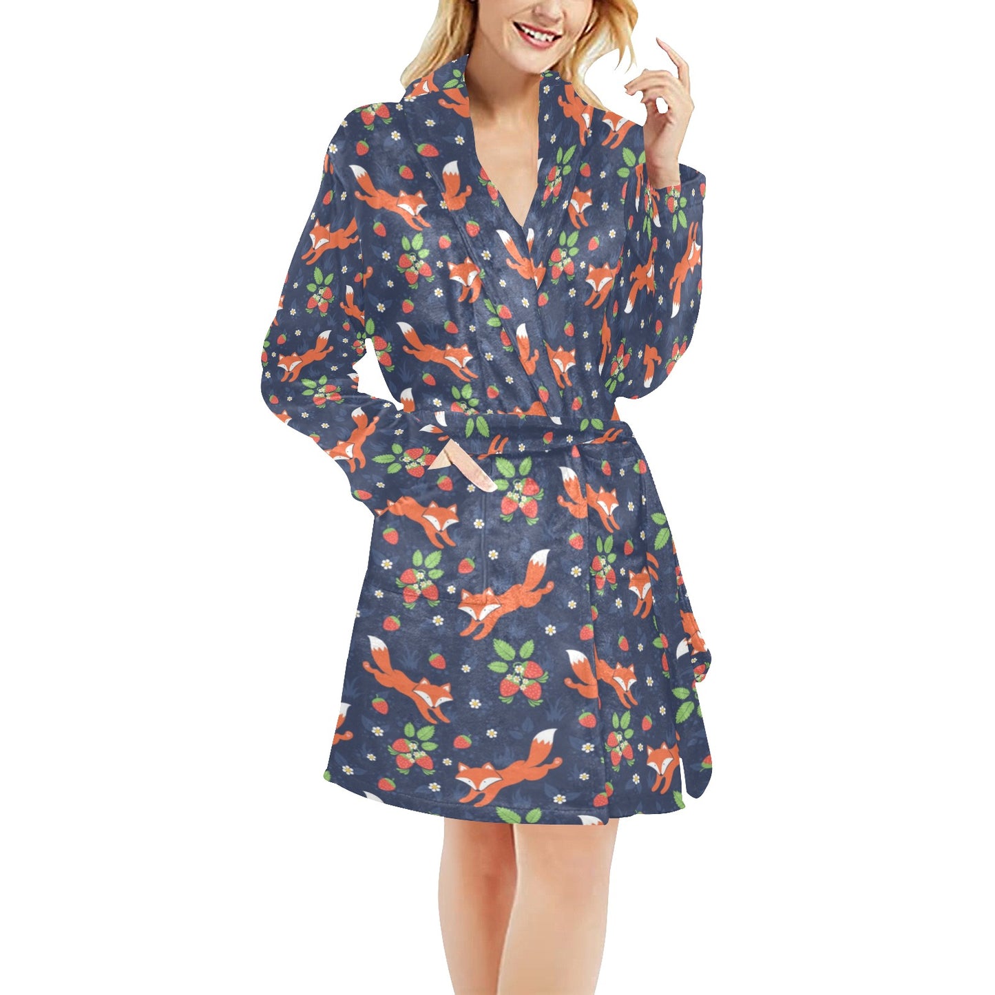 Fox Strawberry Print Pattern Women's Fleece Robe