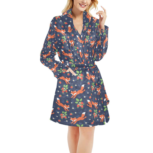 Fox Strawberry Print Pattern Women's Fleece Robe
