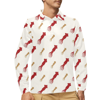 Giant Squid Pattern Print Design 01 Long Sleeve Polo Shirt For Men's