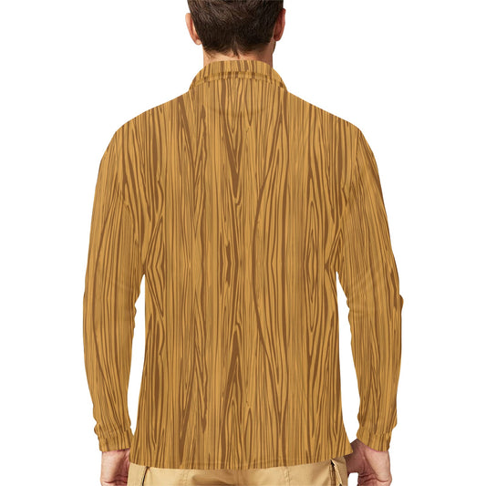 Wood Texture Print Design LKS301 Long Sleeve Polo Shirt For Men's