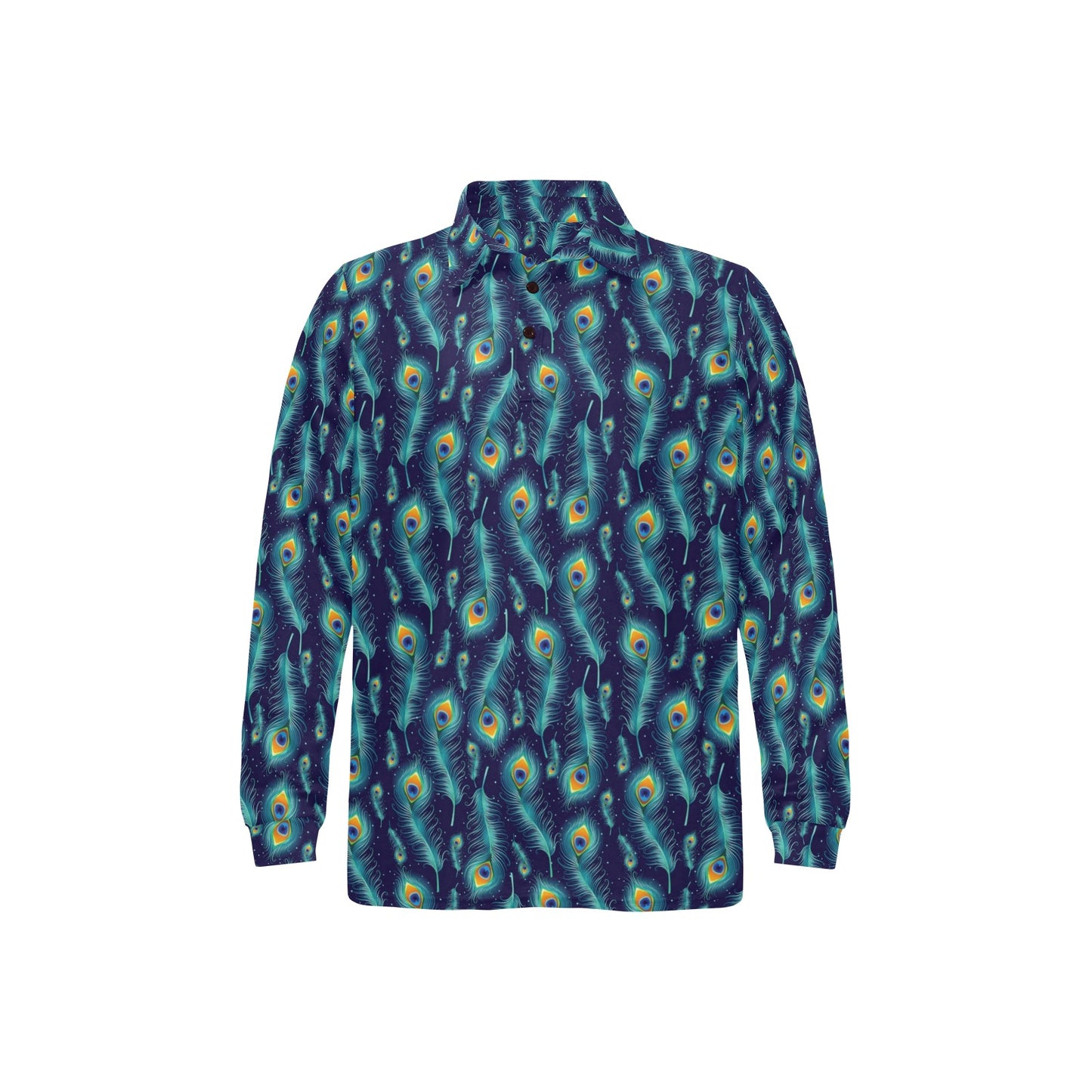 Peacock Feather Blue Design Print Long Sleeve Polo Shirt For Men's