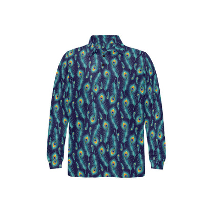 Peacock Feather Blue Design Print Long Sleeve Polo Shirt For Men's