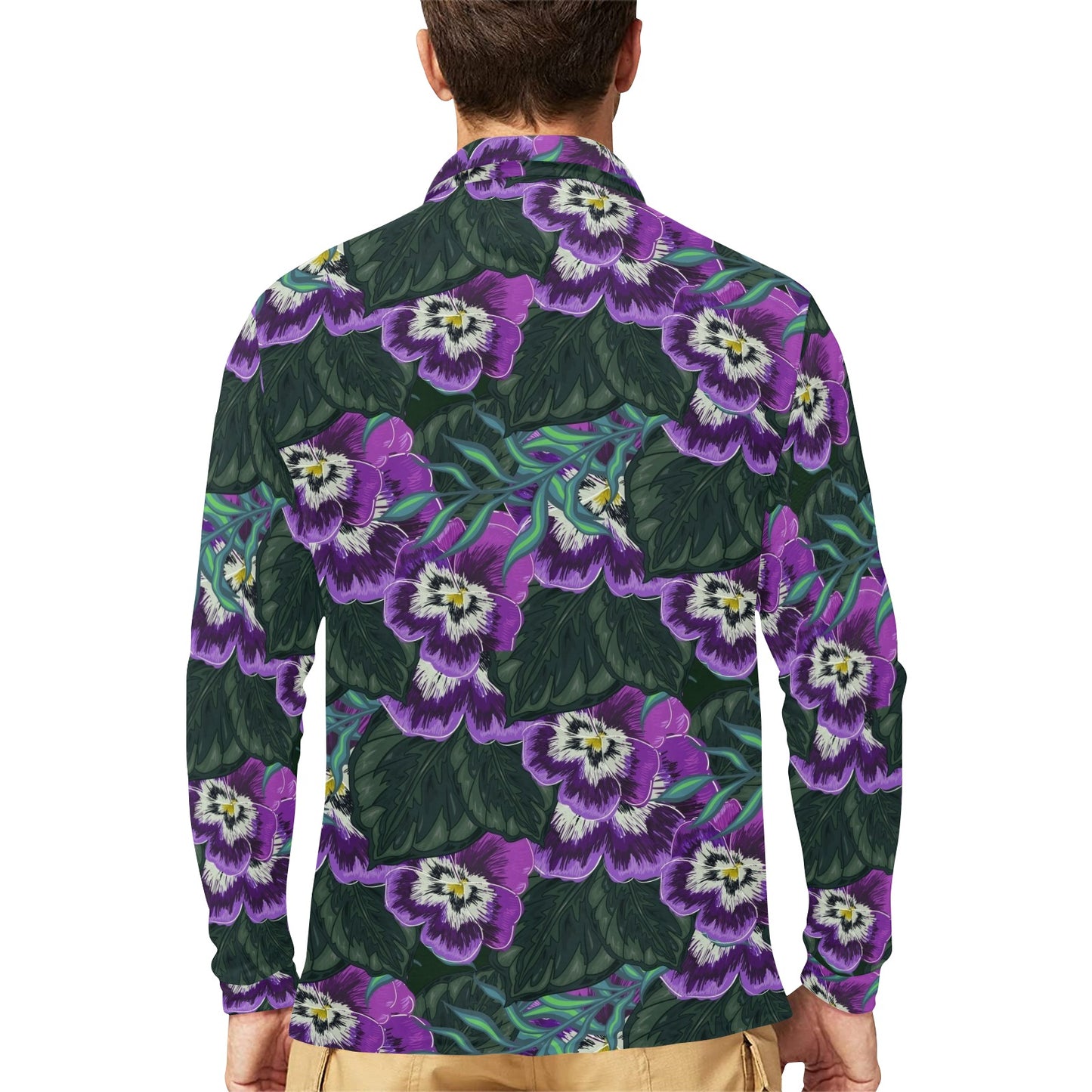 Pansy Pattern Print Design PS07 Long Sleeve Polo Shirt For Men's