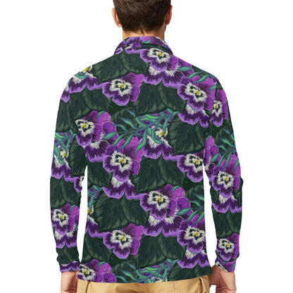 Pansy Pattern Print Design PS07 Long Sleeve Polo Shirt For Men's