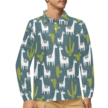 Llama Cactus Pattern Print Design 03 Long Sleeve Polo Shirt For Men's