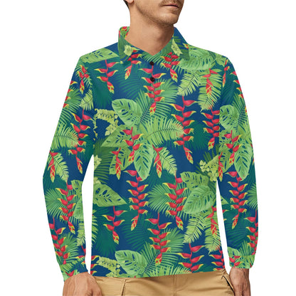 Heliconia Pattern Print Design HL08 Long Sleeve Polo Shirt For Men's