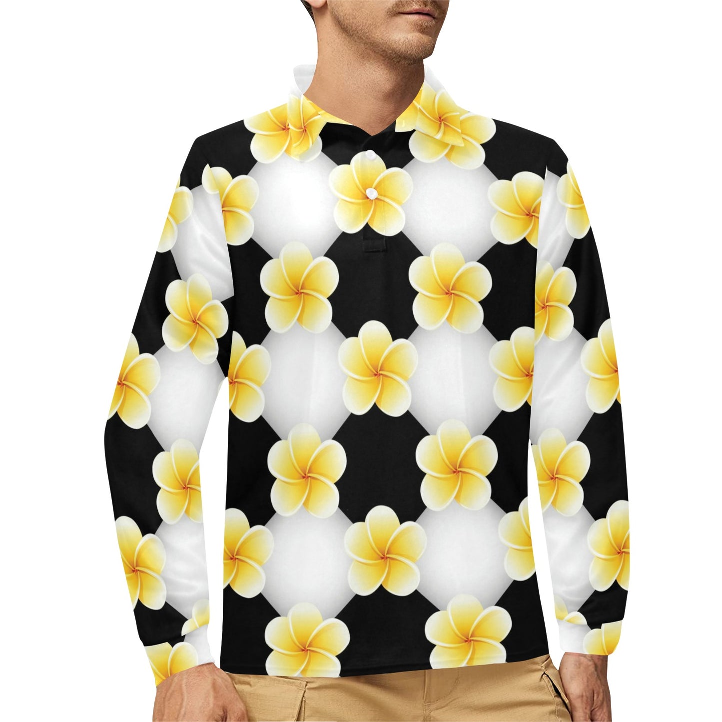 Plumeria Pattern Print Design A04 Long Sleeve Polo Shirt For Men's